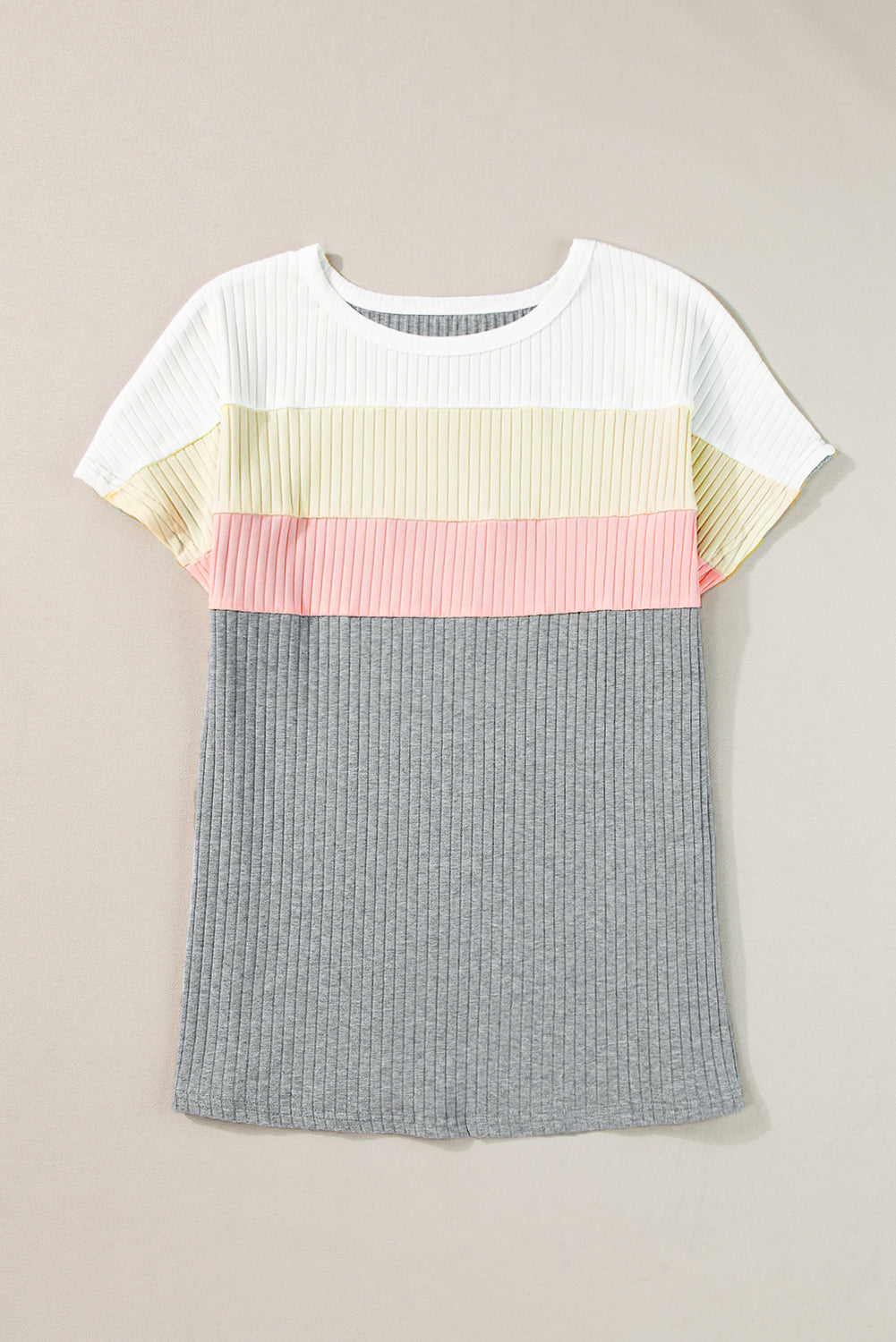 Ribbed Colour Block Patchwork T-Shirt | Gray