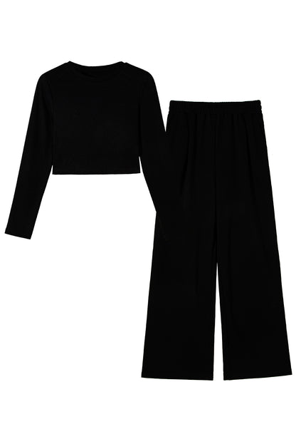 Crop Top And Wide Leg Pants Two Piece Set | Black