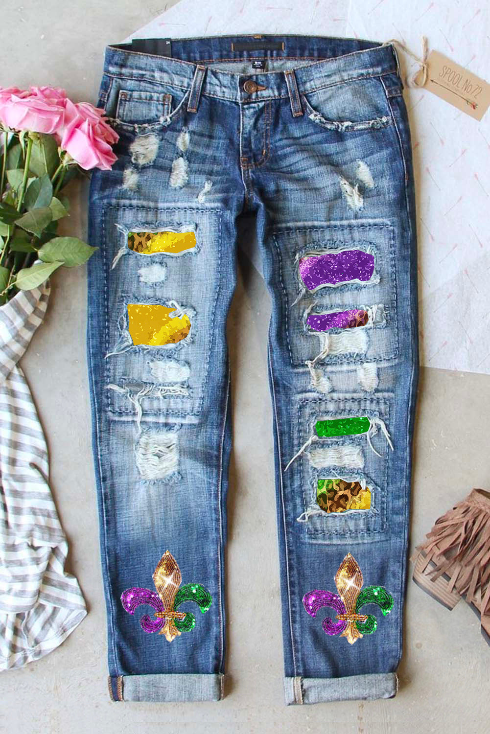 Shiny Mardi Gras Fleur-De-Lis Patch Distressed Jeans | Sky Blue