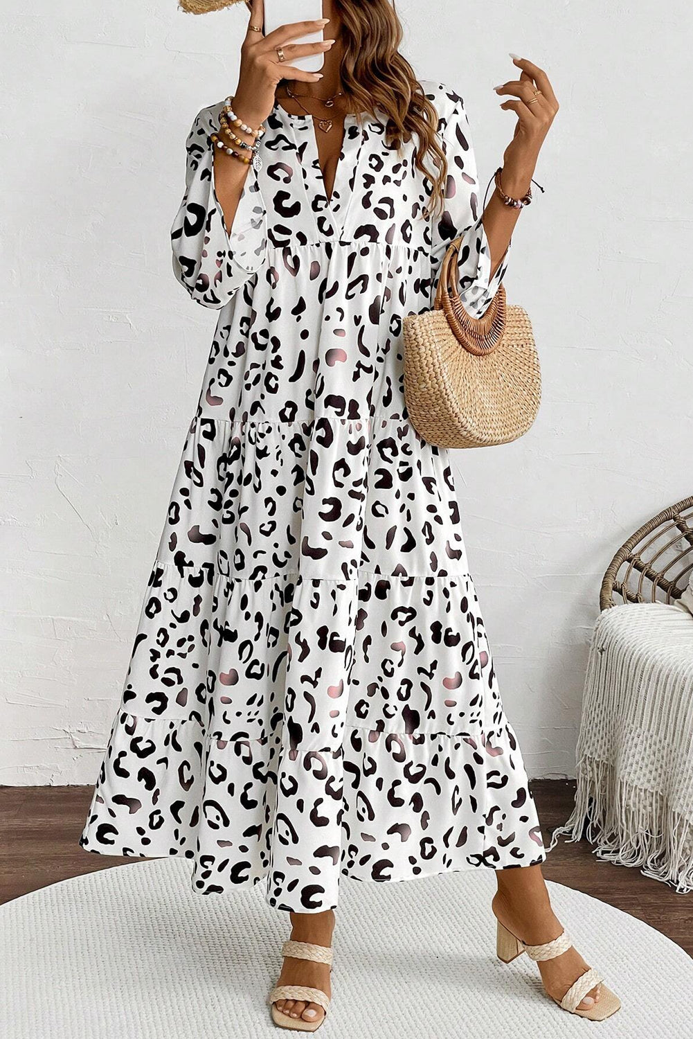 Leopard Print Notch V Neck Loose Fit Maxi Dress | White