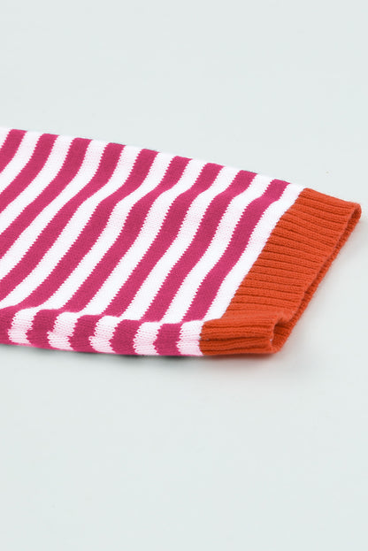 Contrast Trimmed Striped Drop Shoulder Sweater | Pink