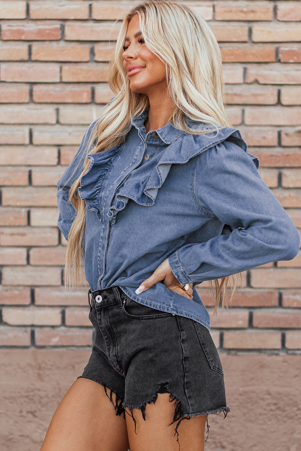 Denim Ruffled Casual Top | Dusk Blue