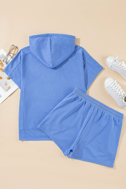 Casual Zipped Short Sleeve Hoodie And Shorts Set | Sky Blue