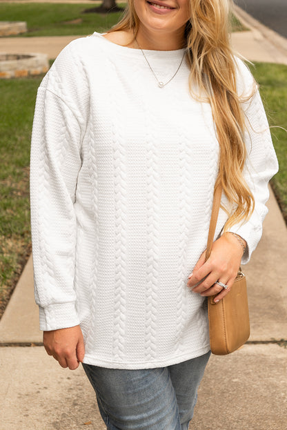 Cable Textured Loose Plus Size Sweatshirt | White