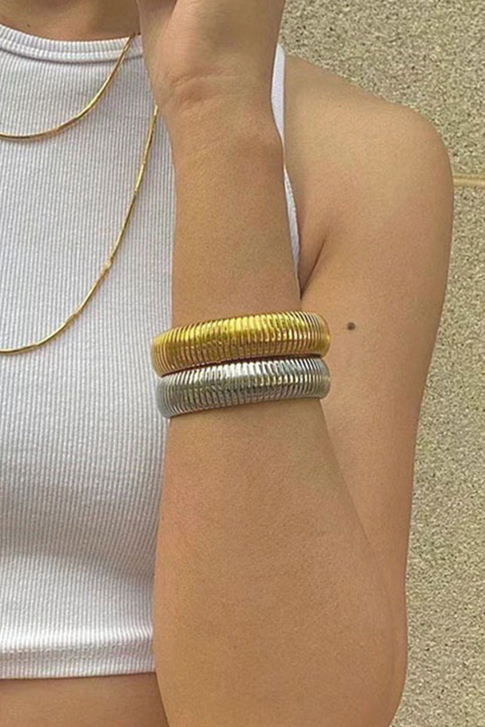 Textured Striped Plated Titanium Steel Chunky Bangle | Gold