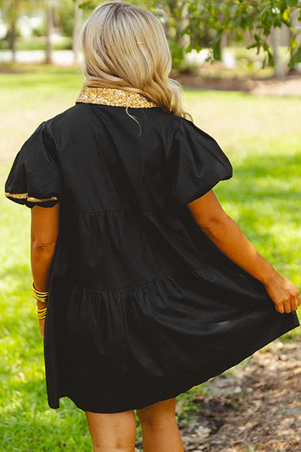 Sequin Trim Bubble Sleeve Game Day Shirt Dress | Black