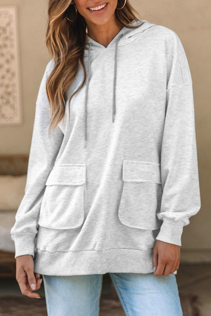 Double Flap Pocket Drawstring Hoodie | Apricot