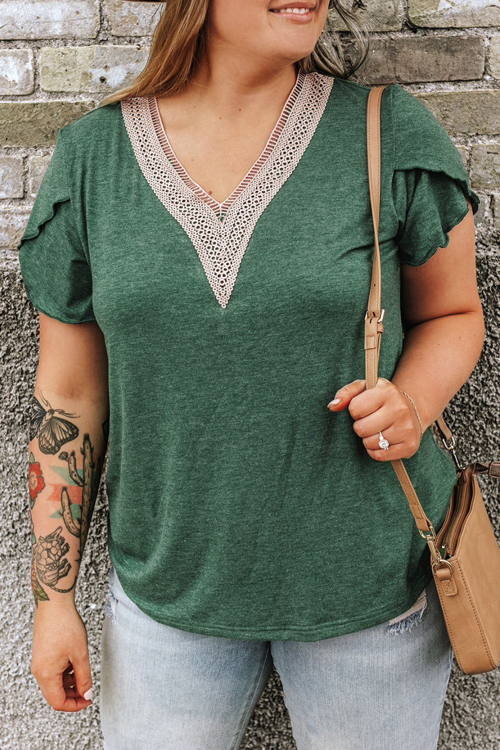 Plus Size Embroidery V Neck Draped Sleeve Blouse | Blackish Green