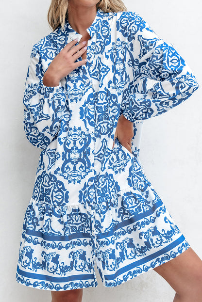 Tribal Print Button Up Notch Neck Loose Mini Dress | Sky Blue