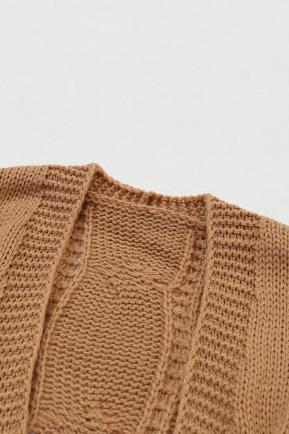 Ribbed Trim Eyelet Cable Knit Cardigan | Khaki