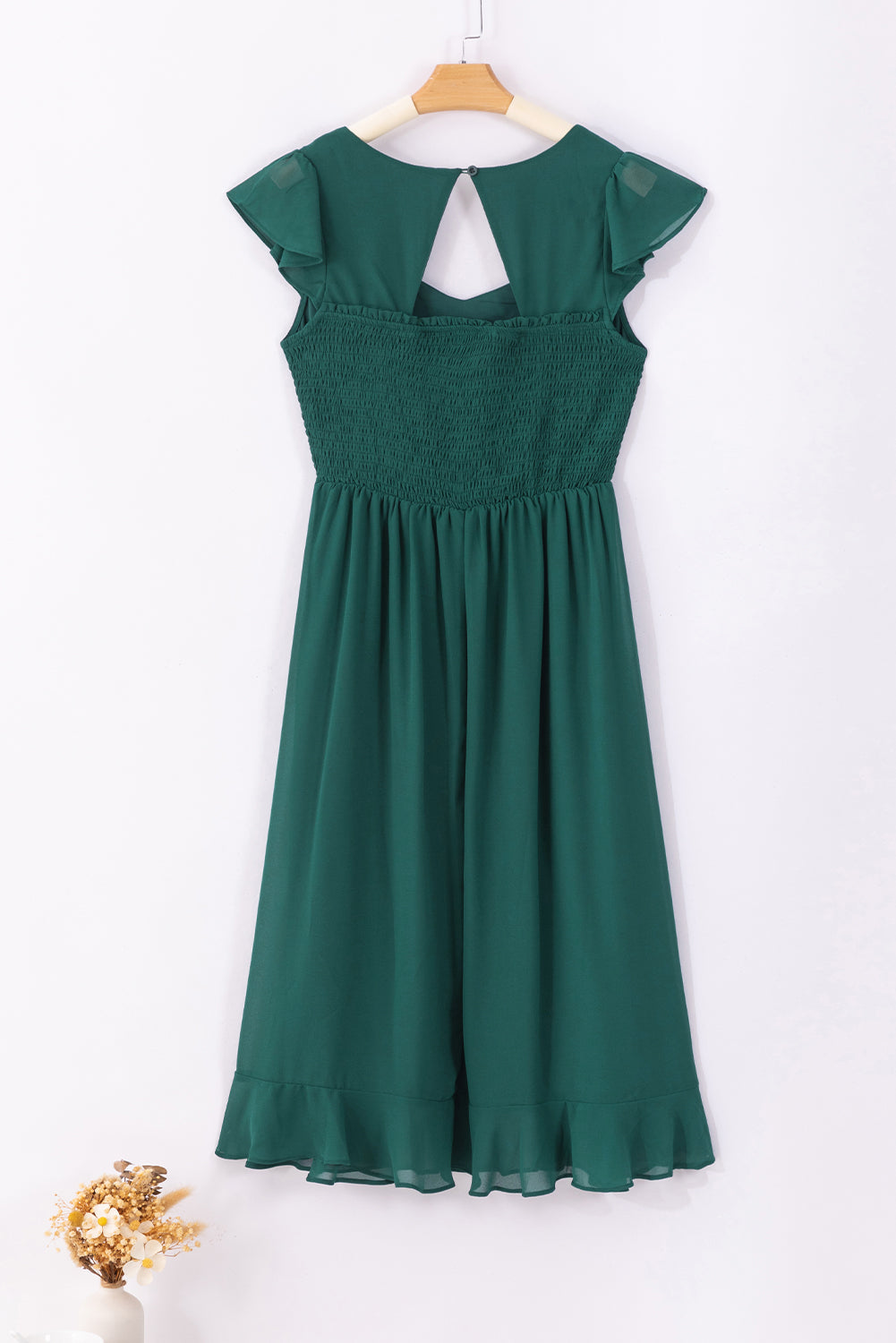 Shirred Open Back Sweetheart Neck Ruffled Midi Dress | Sea Green