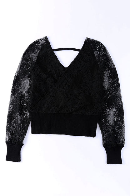 V-Neck Lace Sleeve Pullover Sweater | Black