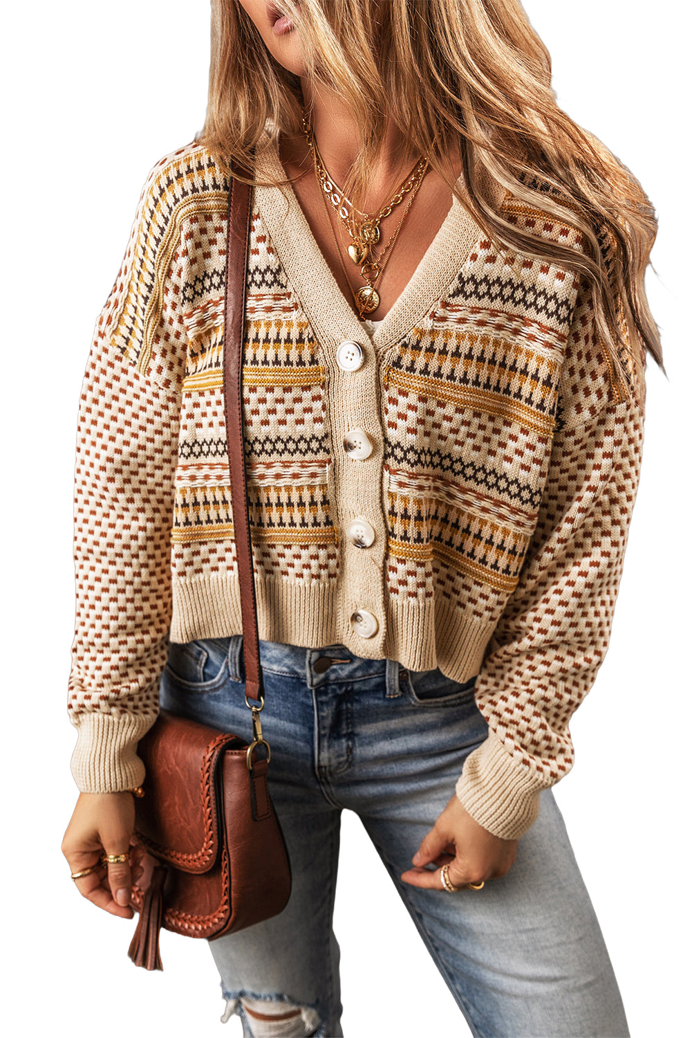 Buttoned V Neck Cropped Cardigan | Khaki