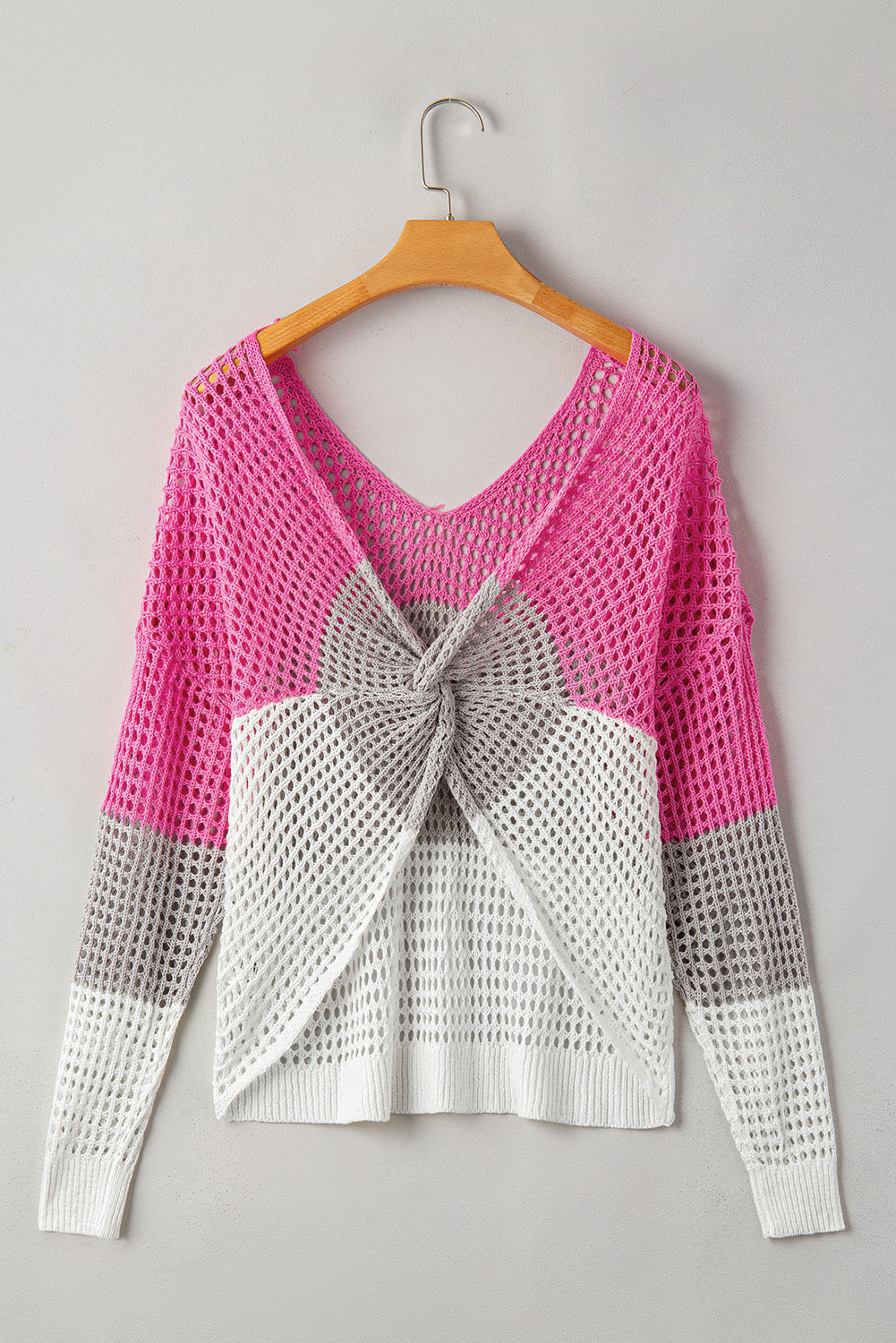 Colour Block Eyelet Long Sleeve Twisted Back Knit Top | Pink