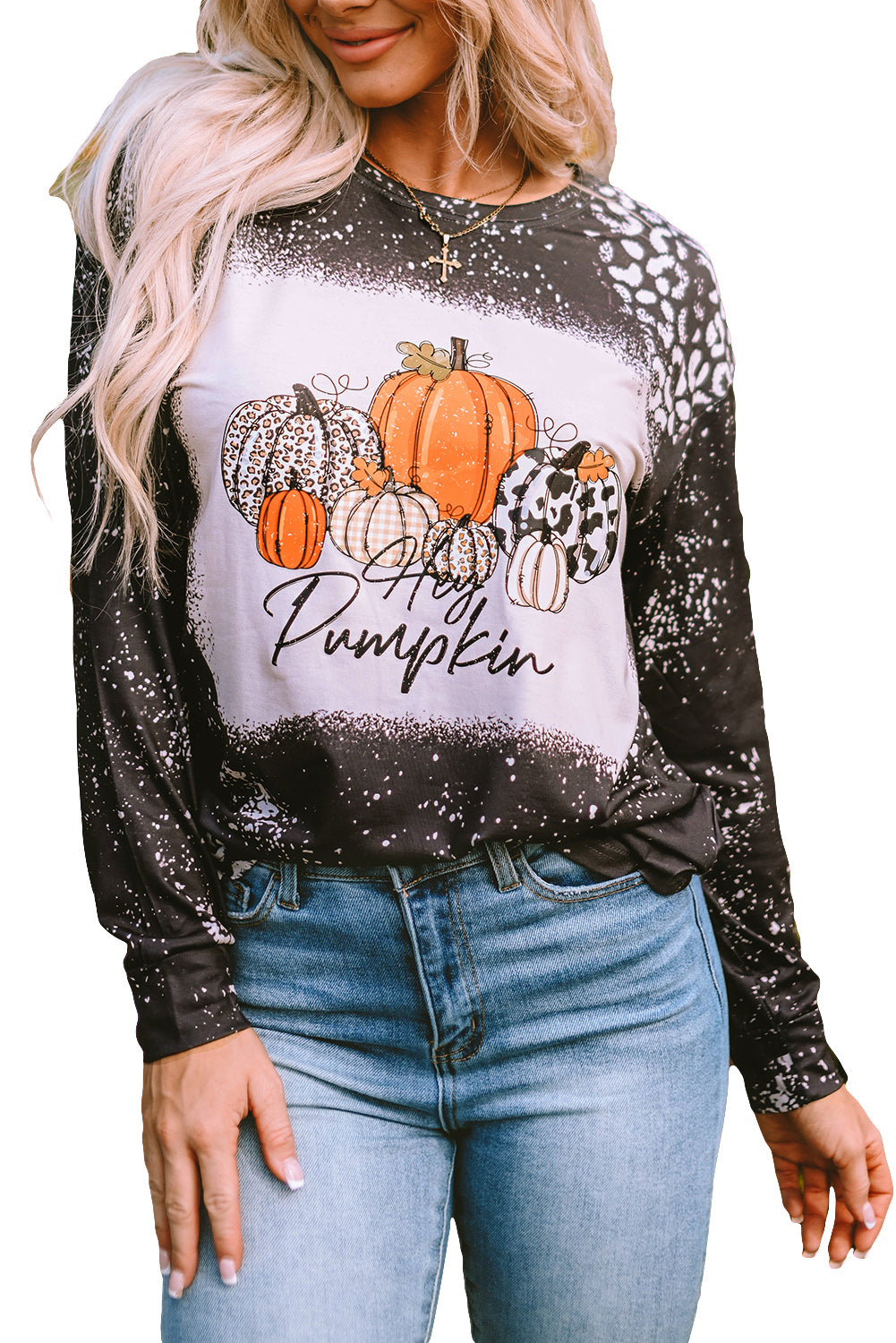 Leopard Bleached Pumpkin Graphic Long Sleeve Top | Black