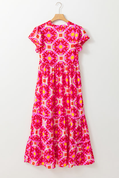 Geo Print V-Neck Maxi Dress | Strawberry Pink