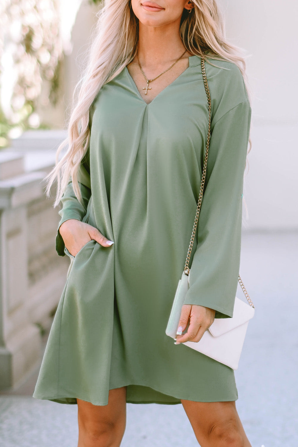 Roll-Tab Sleeve Flowy Casual Dress | Green