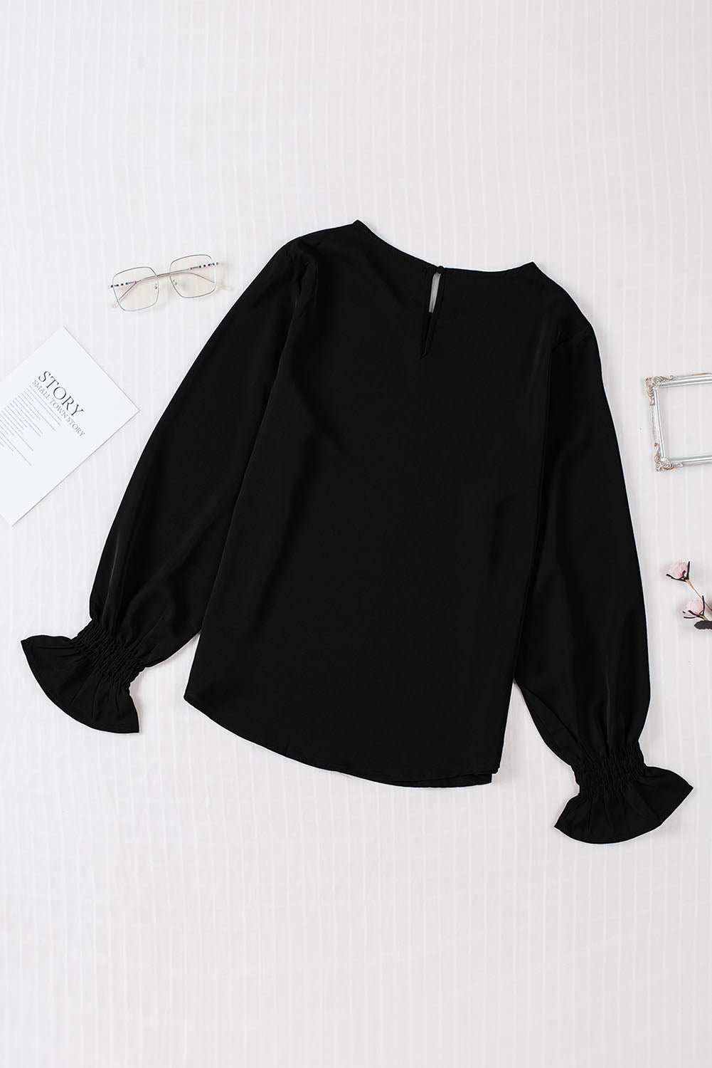 Crew Neck Ruffle Bubble Sleeve Top | Black