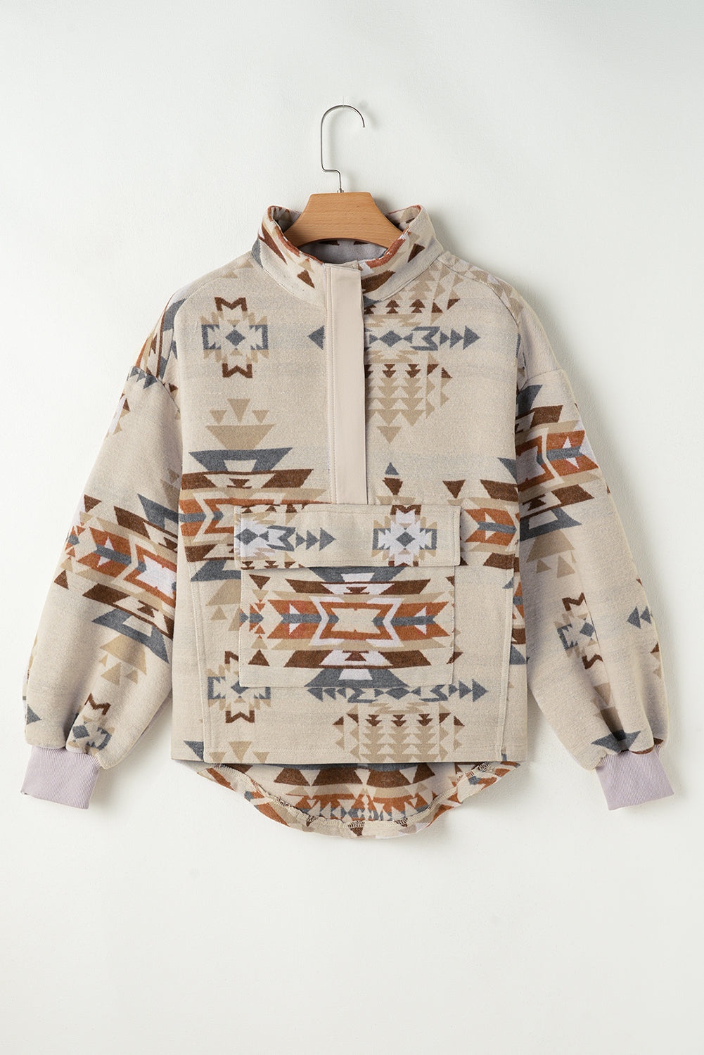 Aztec Print Collared Flap Pocket Sweatshirt | Apricot