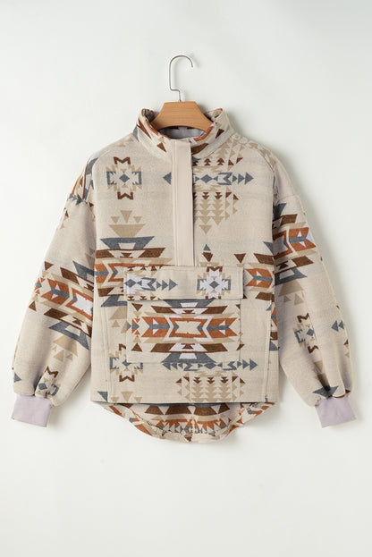 Aztec Print Collared Flap Pocket Sweatshirt | Apricot