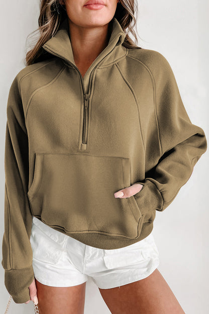 Fleece Lined Zip Up Stand Collar Thumbhole Sleeve Sweatshirt | Elmwood