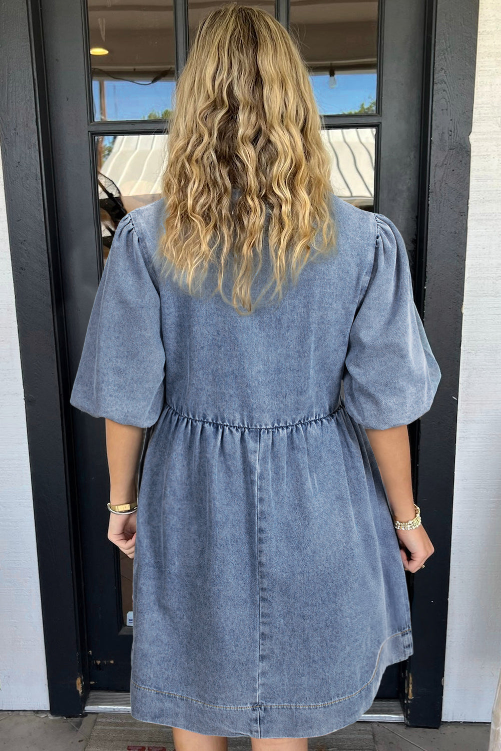 Bowknot Bubble Sleeve Short Denim Dress | Dusk Blue