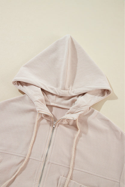 Corduroy Drawstring Hooded Pocket Zip Up Jacket | White