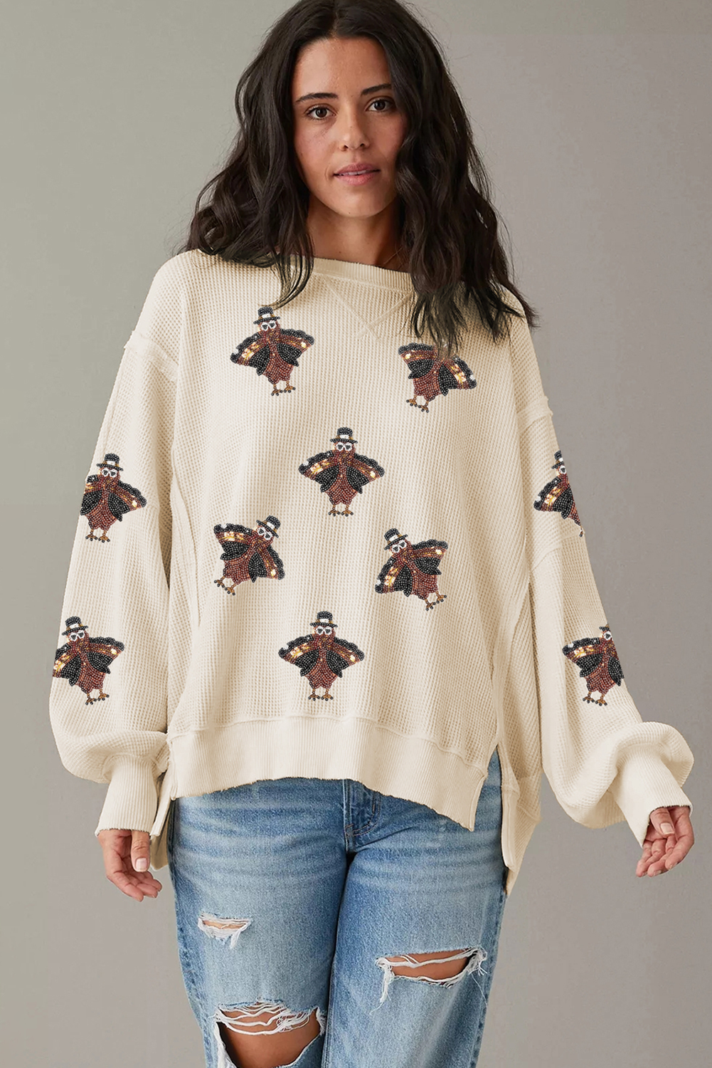 Thanksgiving Turkey Waffle Oversized Knit Top | White