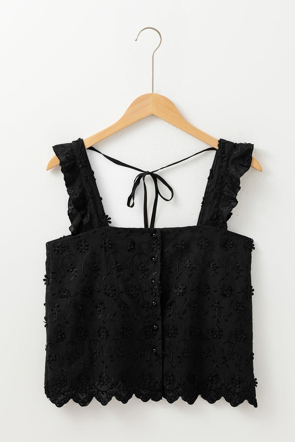 Floral Embroidered Buttoned Square Neck Tank Top | Black