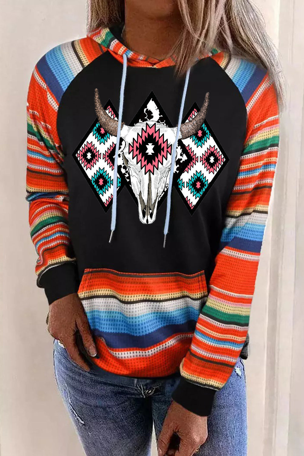 Multicolor Western Steer Head Aztec Serape Patchwork Pocketed Hoodie