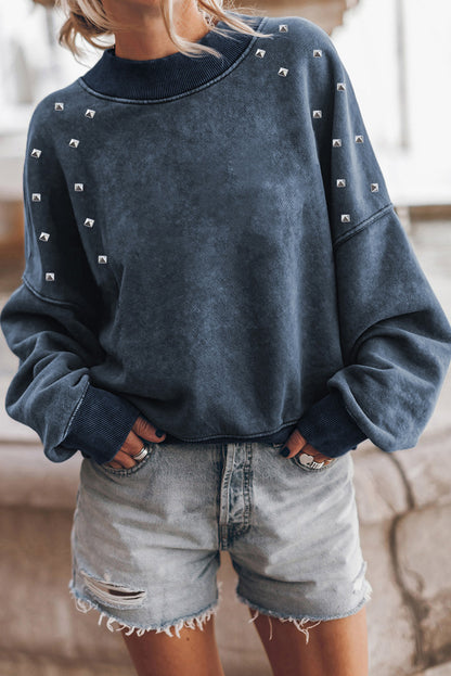 Sky Blue Beads Stud Drop Shoulder Loose Sweatshirt