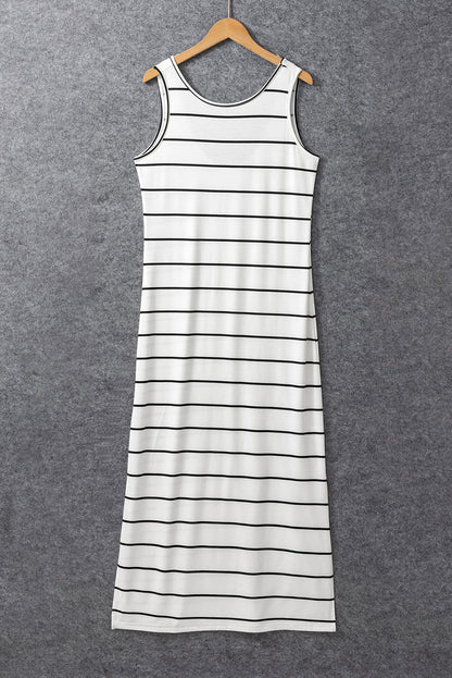 Stripe Print Open Back Sleeveless Maxi Dress With Slits | White