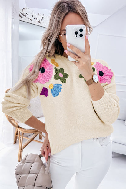 Knitted Flower Pattern Ribbed Edge Sweater | Beige