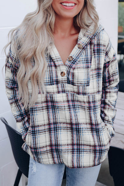 White Plaid Button Neck Pocketed Pullover Hoodie