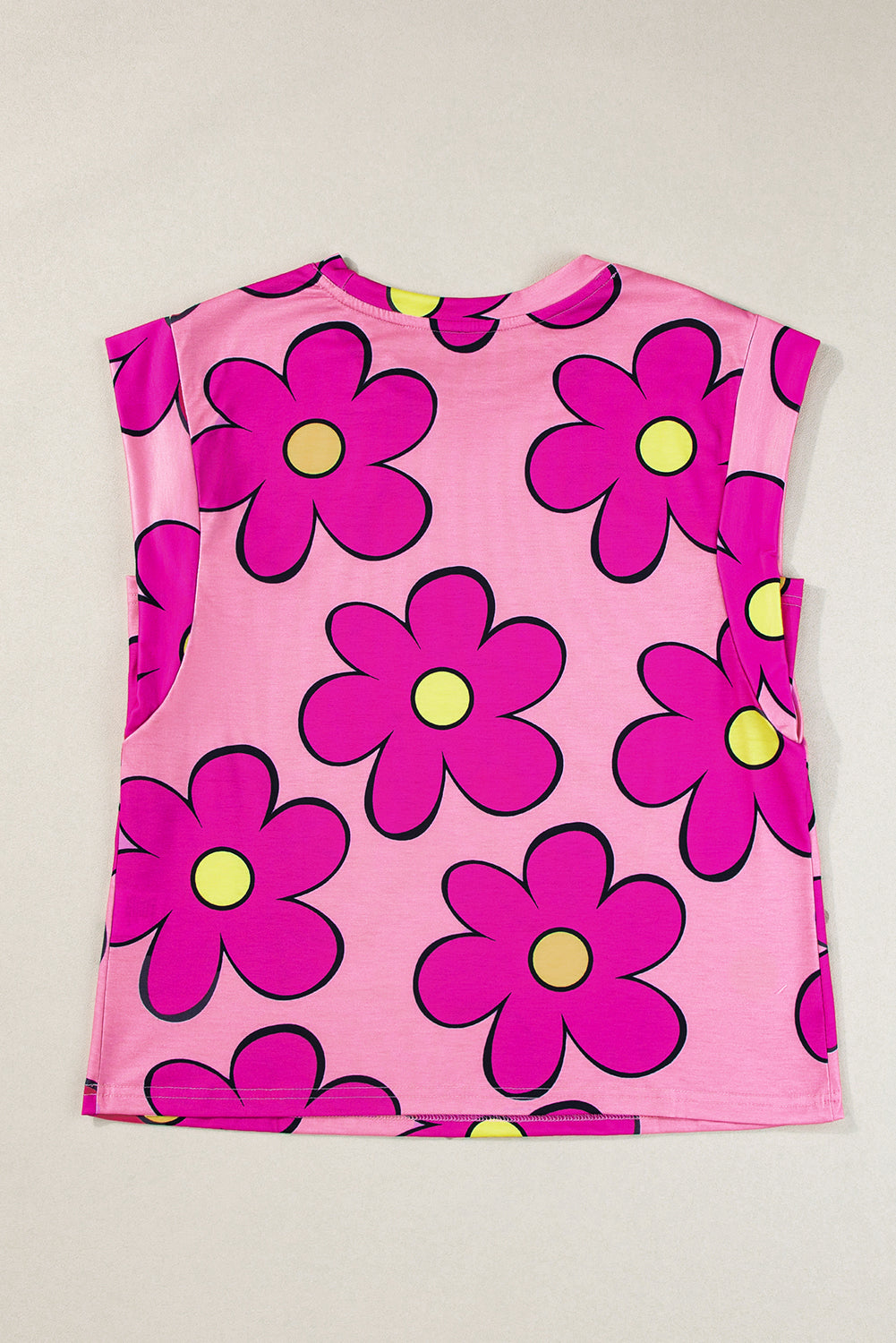 Flower Print Round Neck Cap Sleeve T Shirt | Pink