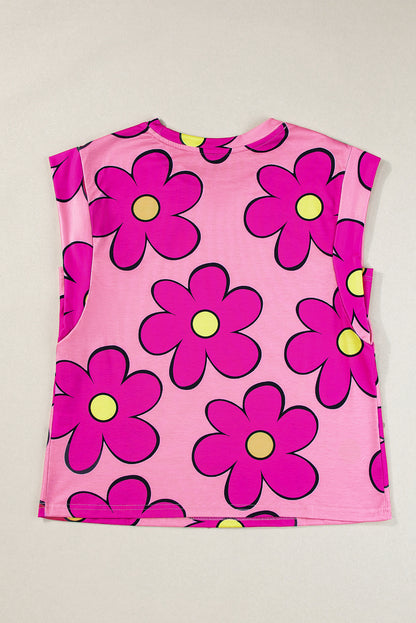 Flower Print Round Neck Cap Sleeve T Shirt | Pink