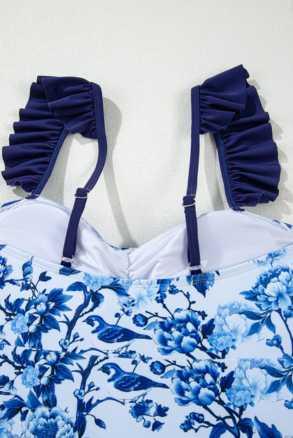 Cutout Ruffled Spaghetti Strap One-Piece Swimwear | Blue