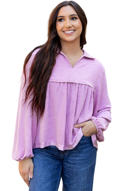 Corded Turn-Down V Neck Bubble Sleeve Babydoll Blouse | Phalaenopsis