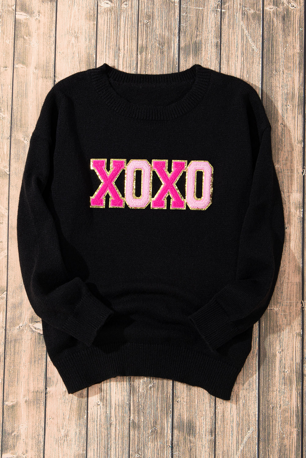 Black Xoxo Glitter Print Round Neck Casual Sweater | Colour black