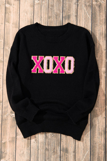 Black Xoxo Glitter Print Round Neck Casual Sweater | Colour black