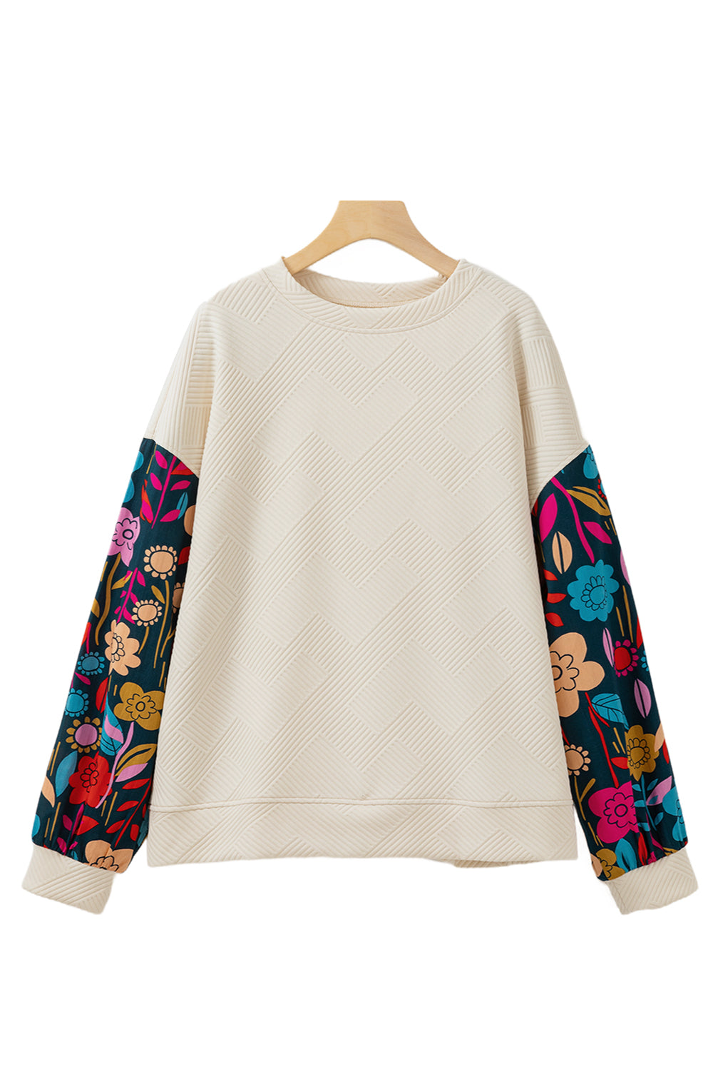 Floral Patchwork Sleeve Textured Plus Size Pullover Top | White