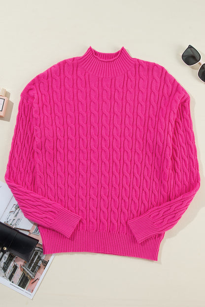 Solid Cable Knit High Neck Drop Shoulder Sweater | Rose Red