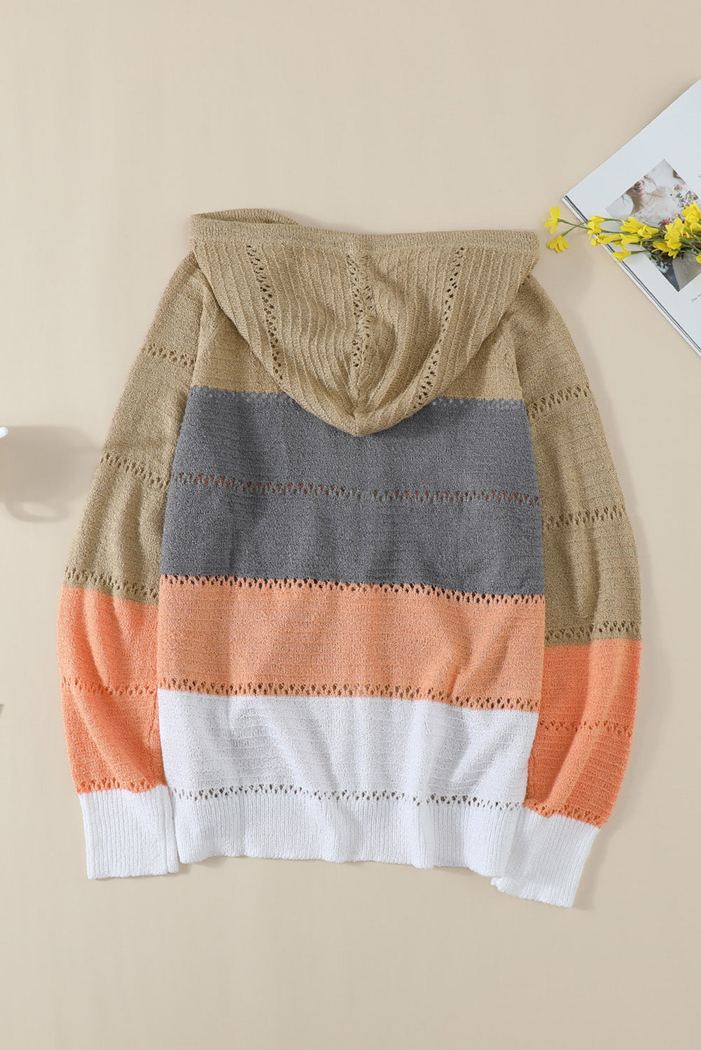 Zipped Front Colourblock Hollow-Out Knit Hoodie | Multicolour