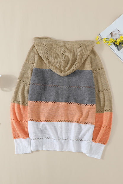 Zipped Front Colourblock Hollow-Out Knit Hoodie | Multicolour