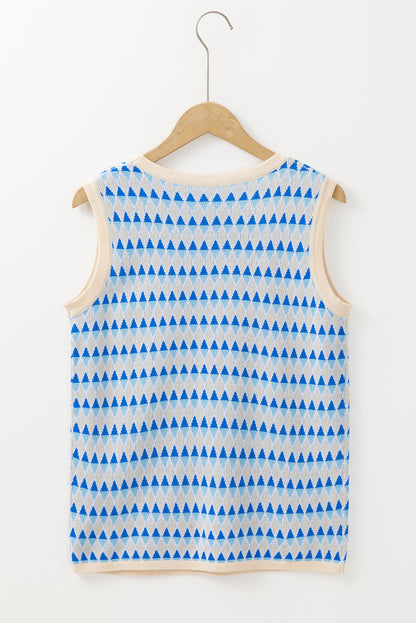 Geometric Print Round Neck Slim Fit Sweater Vest | Sky Blue Stripe