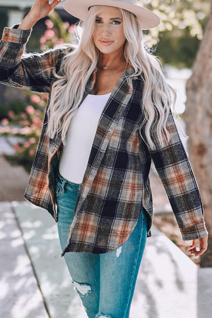 Oversize Rounded Hem Plaid Shacket With Slits | Black