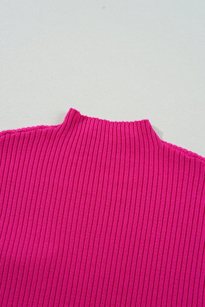 Patch Pocket Ribbed Knit Short Sleeve Sweater | Rose Red