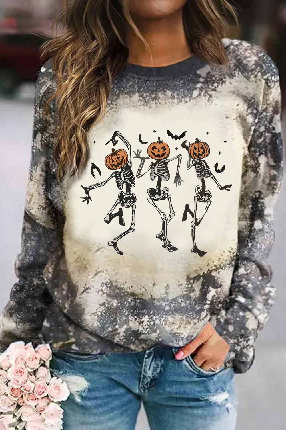 Dancing Skeleton Halloween Tie Dye Long Sleeve Top | Multicolour