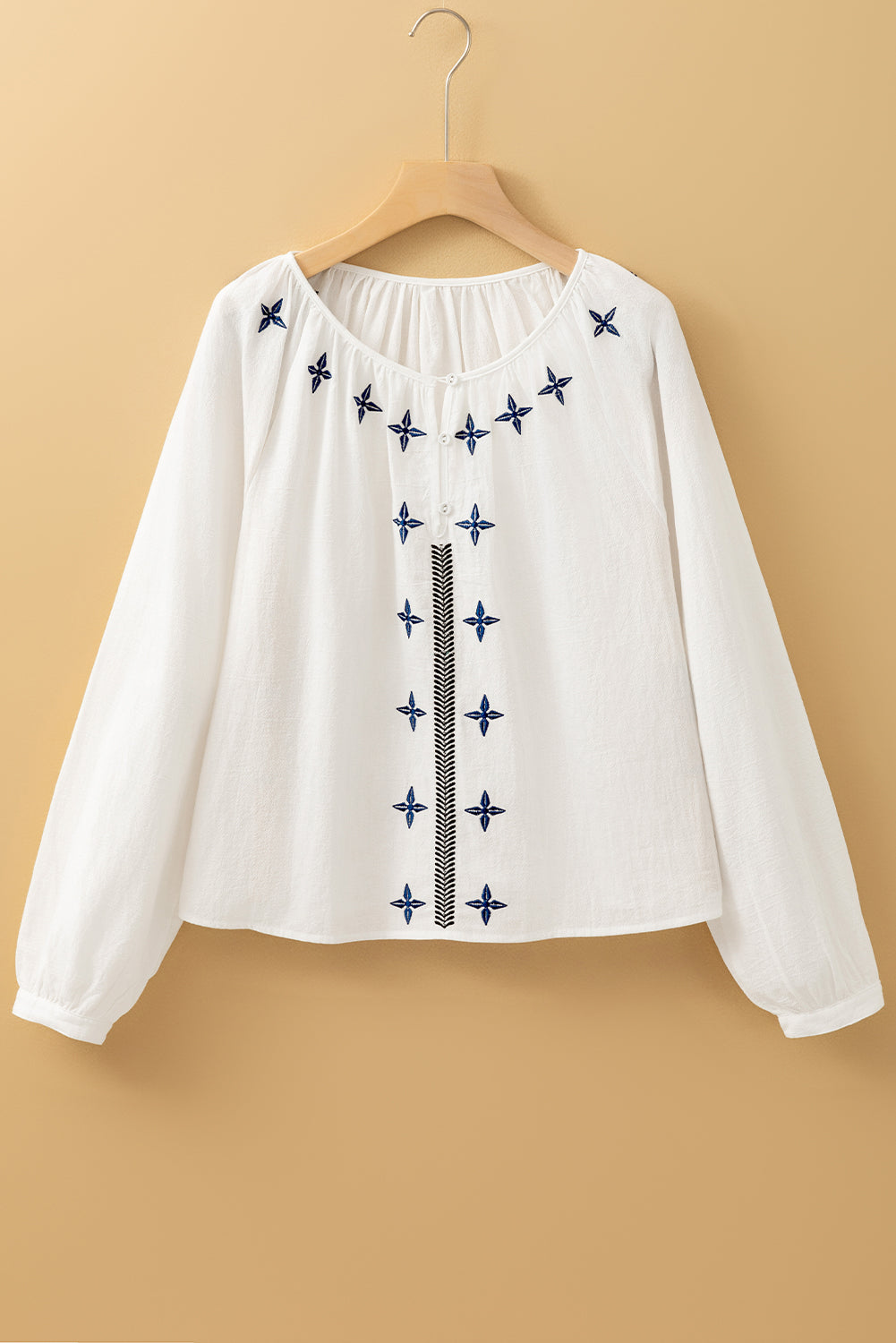 Geometric Embroidered Long Sleeve Buttoned Blouse | White