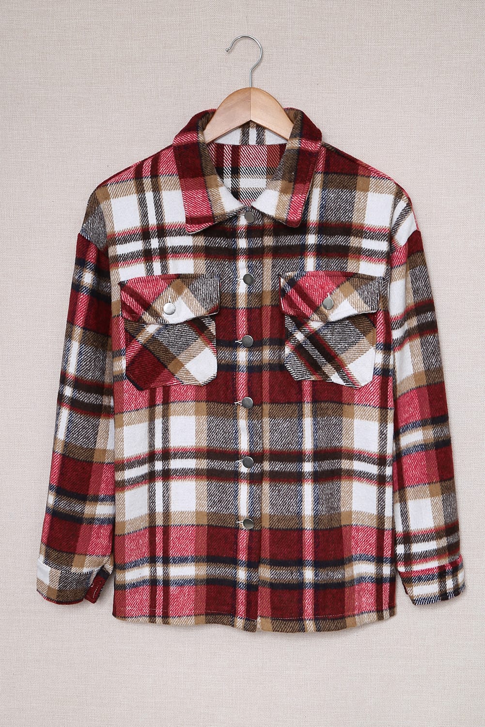 Fiery  Geometric Plaid Print Pocketed Shacket | Red